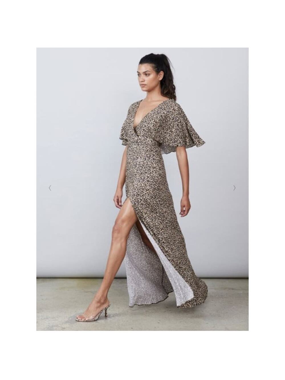 Allen Schwartz Claire Cheetah Print Maxi Dress Slit Ruffle Sleeve Size 0‎